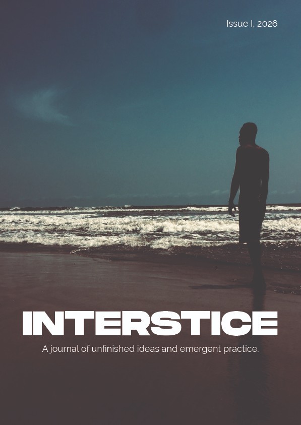 Cover of Interstice, Issue I, 2026: a lone figure in silhouette stands at the water's edge on a beach at dusk, waves breaking behind. Photograph by Tebo Pixels.